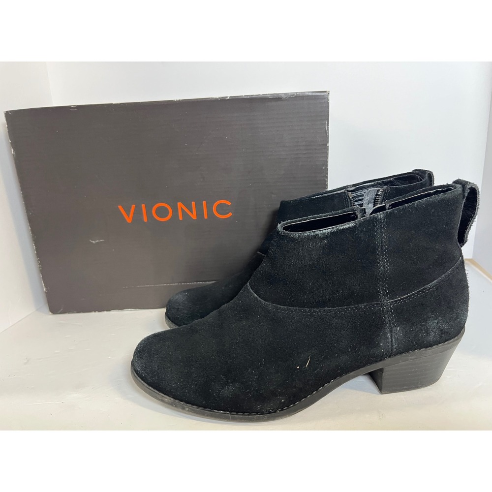 Vionic Zadie Black Suede Ankle Bootie Womens 8.5 M Orthopedic Block Heel Zippers
